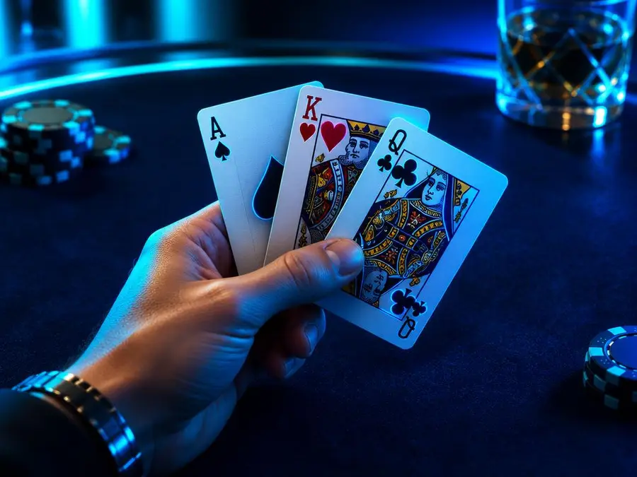 Hand holding three playing cards at a dark card table