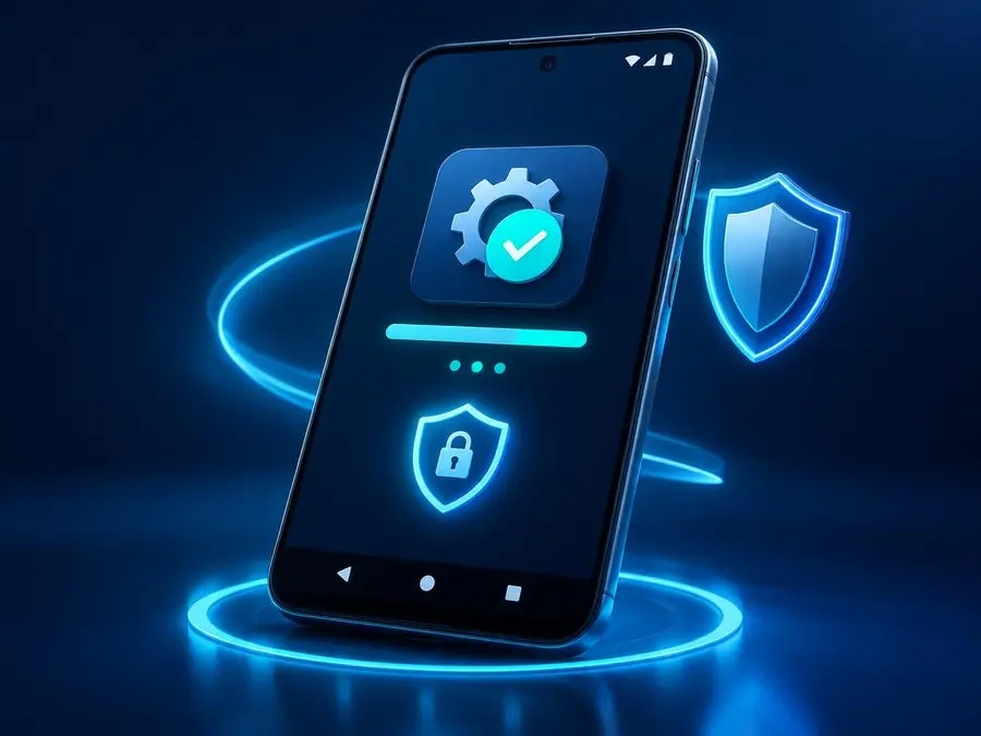 Android phone showing an app installation screen with a security shield