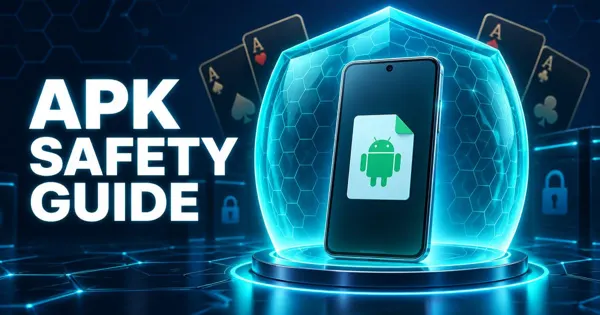 APK safety guide featured image with a glossy padlock-style card icon and smartphone