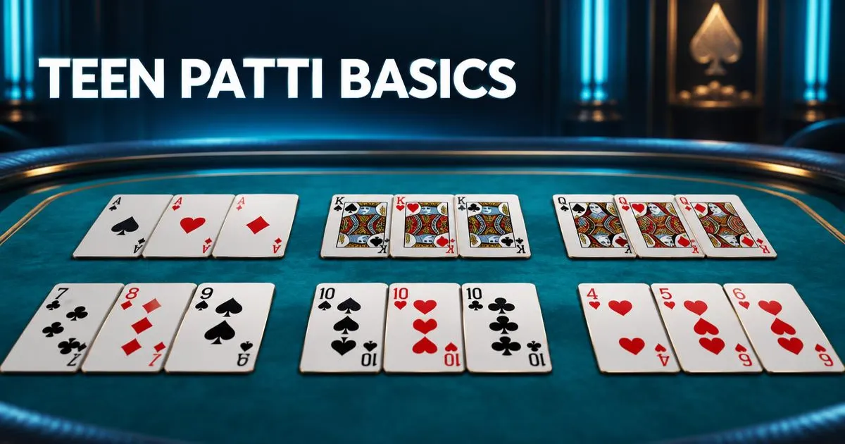 Three glossy playing cards glowing in turquoise light representing Teen Patti basics