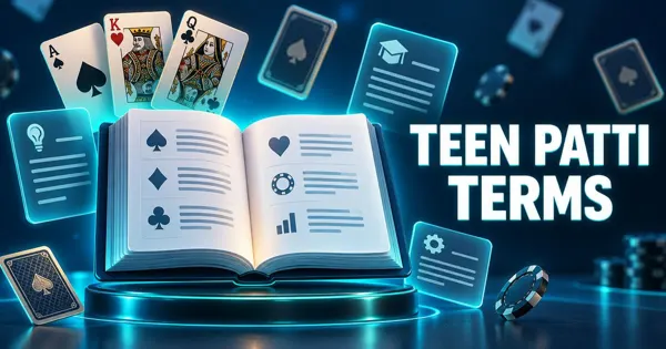 Glowing playing cards and glossary icons representing Teen Patti terminology